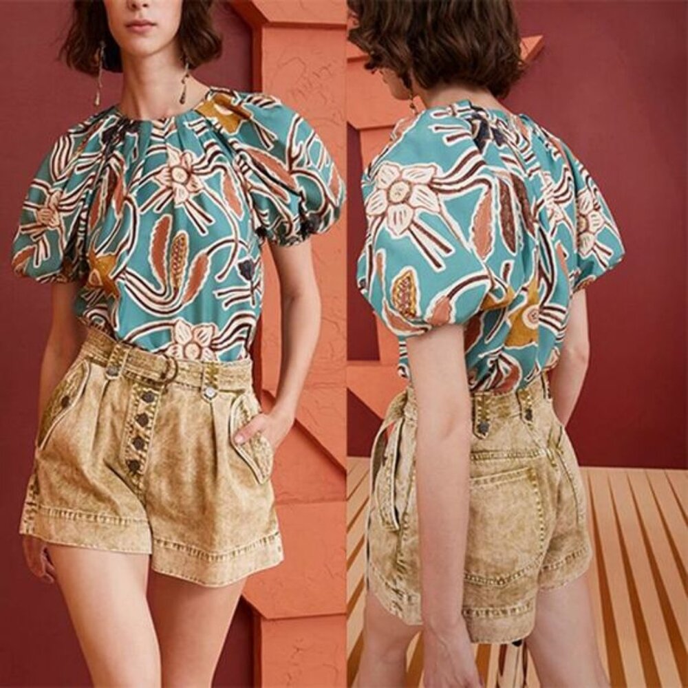 NEW Ulla Johnson Anila Floral Puff Sleeves Crew Neck Blouse Top in Topaz